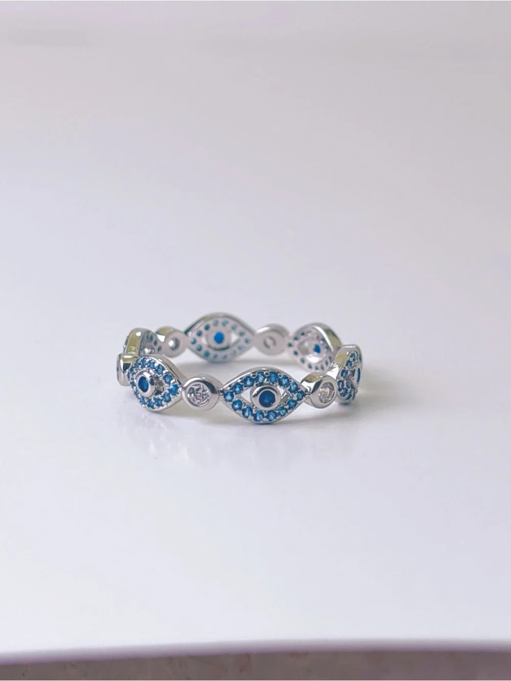 Sterling Silver Blue Evil Eye Band Ring with Cubic Zirconia